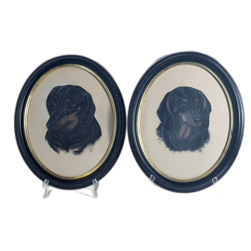 VTG Original Oil Pastel Dachshund Dog Oval Frame Wall Decor Portrait MINTA
